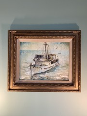 Original Oil On Board W J Edwards Signed Tuna Boat Painting MCM San Diego