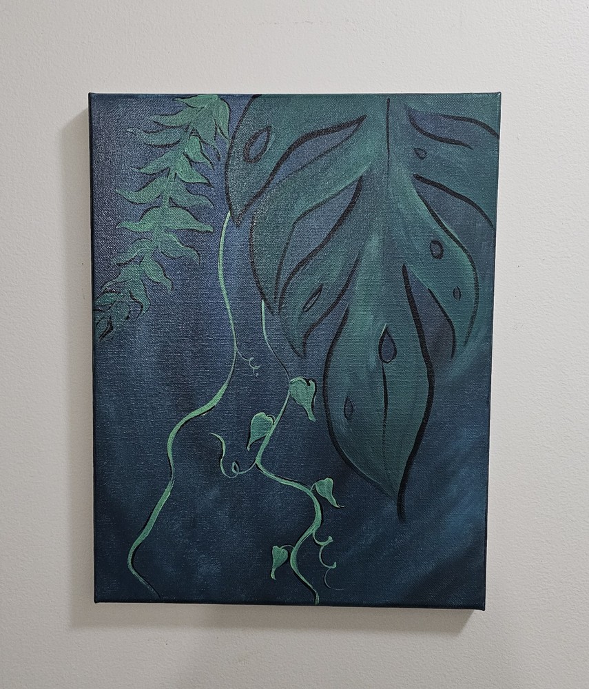 Original Acrylic Botanical Leaf Vine Painting In Greens And Blues By Elaine M