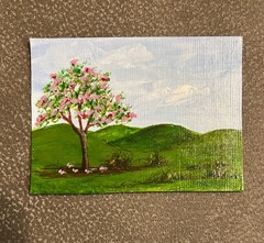 ACEO Original Acrylic Landscape Painting Spring Flower Trees Blue Sky