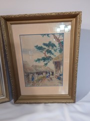 VINTAGE EAST ASIAN JAPANESE WATERCOLOR ORIGINAL VILLAGE FRAMED 25-1/4X18-1/4″
