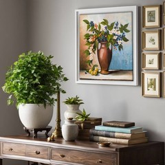 Original Oil Painting Floral Still Life Blue Berries White Blossoms Rustic Art
