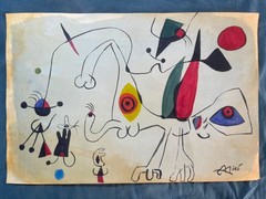 JOAN MIRO drawing and painting on old paper signed stamped vintage