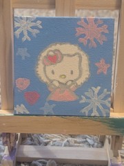 Hello Kitty Winter Art – 4″x4″ Mini Canvas Painting – Cute Snowflake Wall Decor