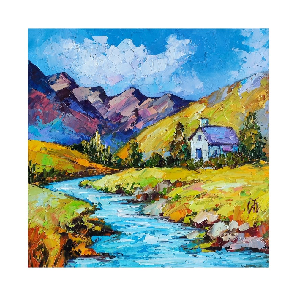 original oil painting Irish Cottage Mountain Landscape River wall art 8*8 inch