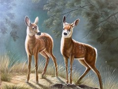 YOUNG DEER OIL OR ACRYLIC PAINTING SIGNED BY MYSTERY ARTIST 24” X 20” FAWNS