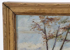 Antique Log Cabin Landscape Oil Painting Framed Unsigned circa 1930