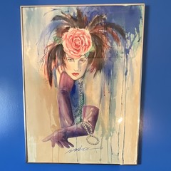 Mia signed Watercolor framed abstract portrait painting on paper woman hat 30″