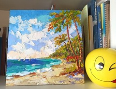 Seascape Original Oil Painting Hawaii Beach Seaside Palm Trees on Panel 10x10in