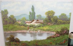 DANDE HUNGARIAN IMPRESSIONIST WOMAN DUCK FARM ORIGINAL OIL ON CANVAS PAINTING