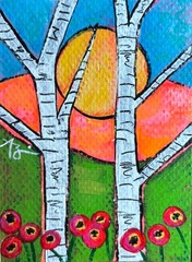 ACEO original painting folk art sunrise sunset birch trees poppies Amy Sullivan