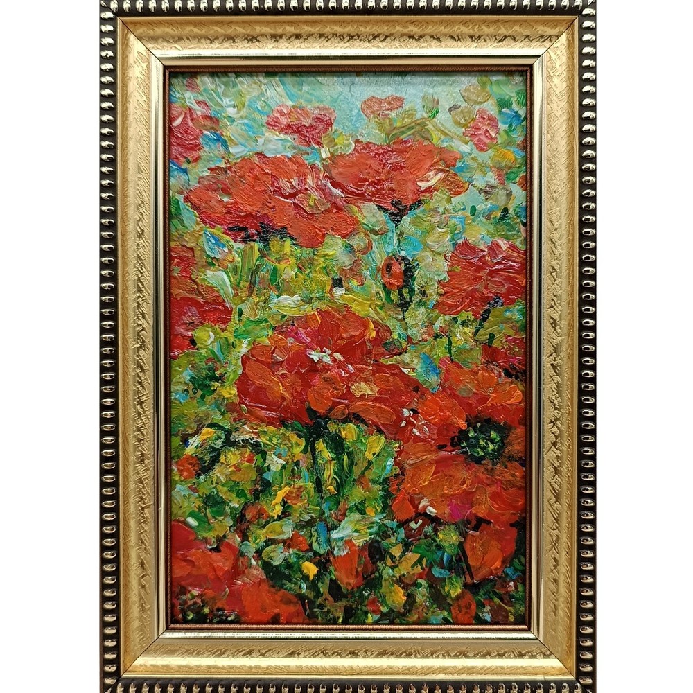 Original Oil Painting Summer Landscape Wildflowers Red Poppies Signed 4×6
