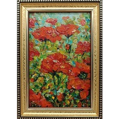 Original Oil Painting Summer Landscape Wildflowers Red Poppies Signed 4×6