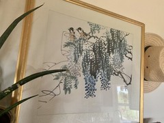 Gorgeous Asian Chinese Japanese Painting 2 Birds MCM Signed Gold Fran 22inx24in