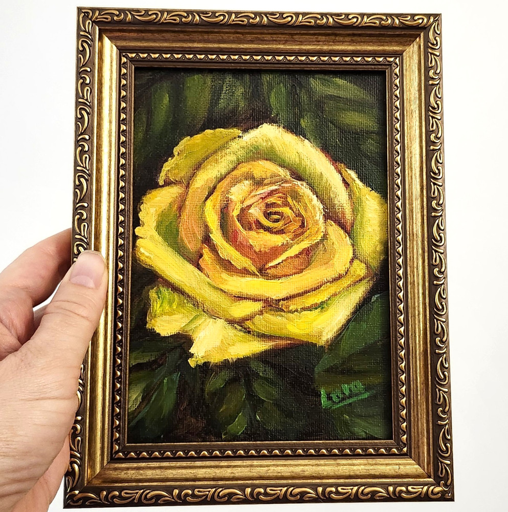 Framed Yellow Rose Original Oil Painting 5×7 Signed OOAK Floral Wall Art