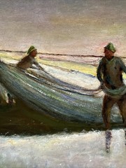 Antique Painting Wpa Regionalism Beach Fisherman Sunset Evening Coastal Sea Oil