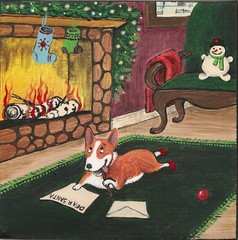 8×8 inch PRINT OF FOLK ART PAINTING PEMBROKE WELSH CORGI CHRISTMAS SANTA SNOWMAN