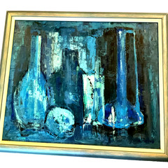 60s modernist original oil PAINTING by R.Freund blue glass pottery still life