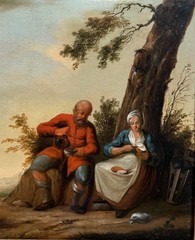 Antique Landscape Oil Painting Man Woman Peasants Wine Dutch Old Master 17th C.