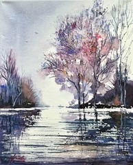 Watercolor landscape on canvas, autumn, relaxation, lakeside recreation