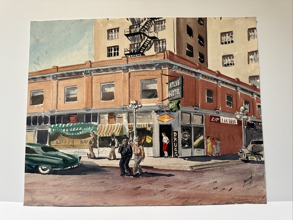 Antique Painting Wpa Regionalism American Urban Street Scene Edwin Jaquet Texas