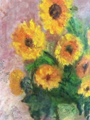American mid 20th century, Vintage Oil Painting, Sunflowers Still Life