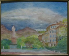 Watercolor View L’ILE ROUSSE CORSICA FRANCE Monument Statue Monogram E.K.