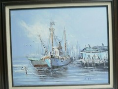 L. Sallas Original Oil Signed Beautiful Fishing Boats Nautical Dock Scene