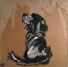 Dog Painting Black & White Naive Outsider Animal Art gritty cardboard upcycle