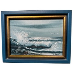 Small ORIGINAL CANVAS BIRDS BEACH SEASCAPE WAVES PAINTING – BLUE – By M Sad