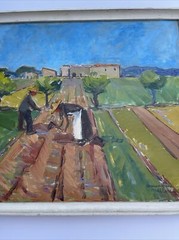 ANTIQUE Farm Farming Painting Impressionism Modernism 1950’s Mid Century Oil