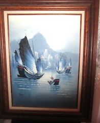 Original 20th Century Vintage Oriental Seascape Boats Oil & Impasto Painting