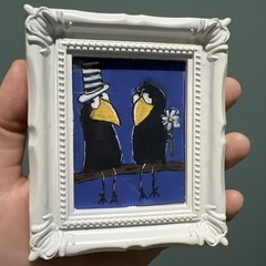 Print Of My Art Crow Raven Love funny,cute,miniature Painting,small, framed