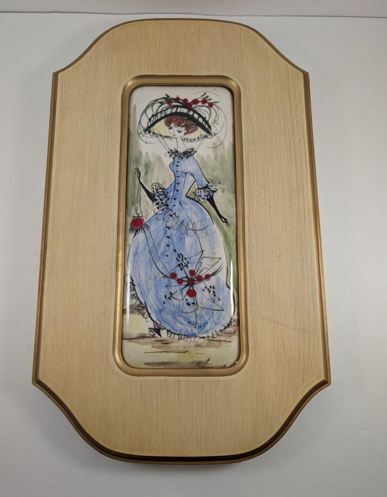 Vintage Framed Porcelain Wall Art Plaque Portrait Lovely French Lady 19.5″