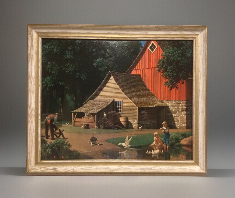 Vintage MCM 16×20” Paul Detlefsen Americana Scene “Memories” Framed W/Glass