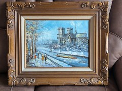 Notre Dame de Paris, the Seine River, and Parisian street life. palette knife