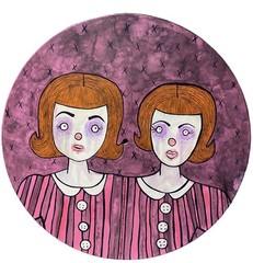 Original Painting Clown Girls Twins Oddity Art Vinyl Record Goth Circus Ooak