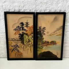 Vintage Japanese Silk Paintings Pair Landscape Pagoda Signed Black Lacquer Frame