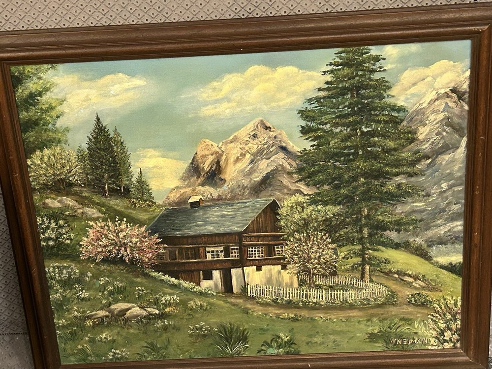 Vtg 1967 Alpine Landscape Oil Painting N. Neuman J.L. Hudson Gallery Detroit
