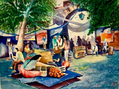 Vintage 36″x 22″ Watercolor Painting Mexico Street Market Scene Impressionism