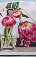 Pink Tulips Floral Watercolor Painting Flowers in Vase Romantic Botanical Art