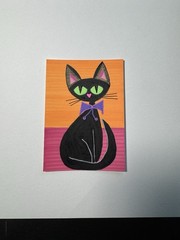 ACEO Original Acrylic Mini Painting Mid Century Modern Cat 2.5 X 3.5 Signed.