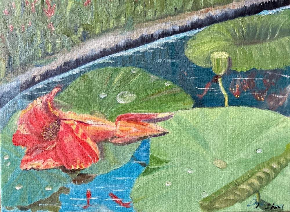 Oil painting falling flowers on lotus leaves on Canvas 1/2″ Thickness 12×16″