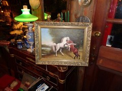 Twin Stallions Fighting-O/C in gold frame-contemporary c1990-beautiful painting