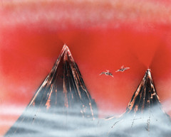 Original hand painted Mountain Fog with Birds on Red by artist Jason Girard