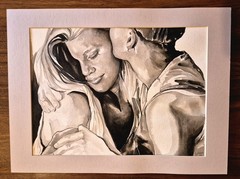 Lesbian Fine Art Original Painting, Queer Gay ‚Kiss‘ b/w Watercolor, 3 in Series