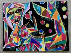 Cubist Abstract Mermaid Painting One Of A Kind Signed and Dated