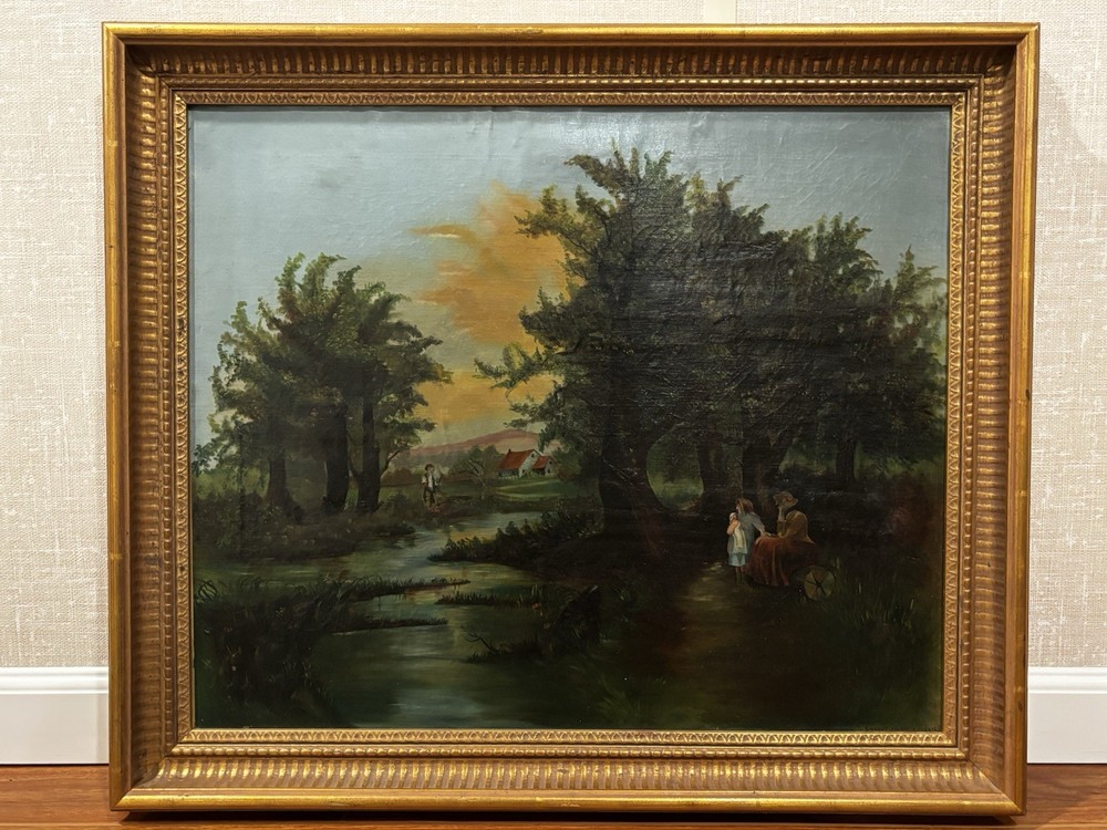 Antique 19th C Hudson River School Style Oil On Canvas “Sunset In The Catskills”