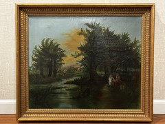 Antique 19th C Hudson River School Style Oil On Canvas “Sunset In The Catskills”