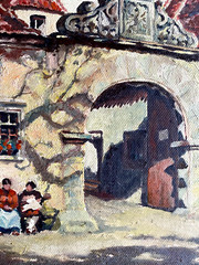 Oil Painting Undeutl. Monogr.stadttor With round Arch Vor Marketplace Menschen