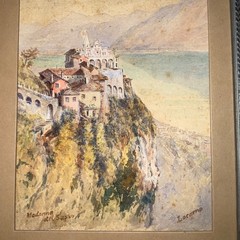 Antique landscape original PAINTING watercolor hand painted Madonna del Sasso